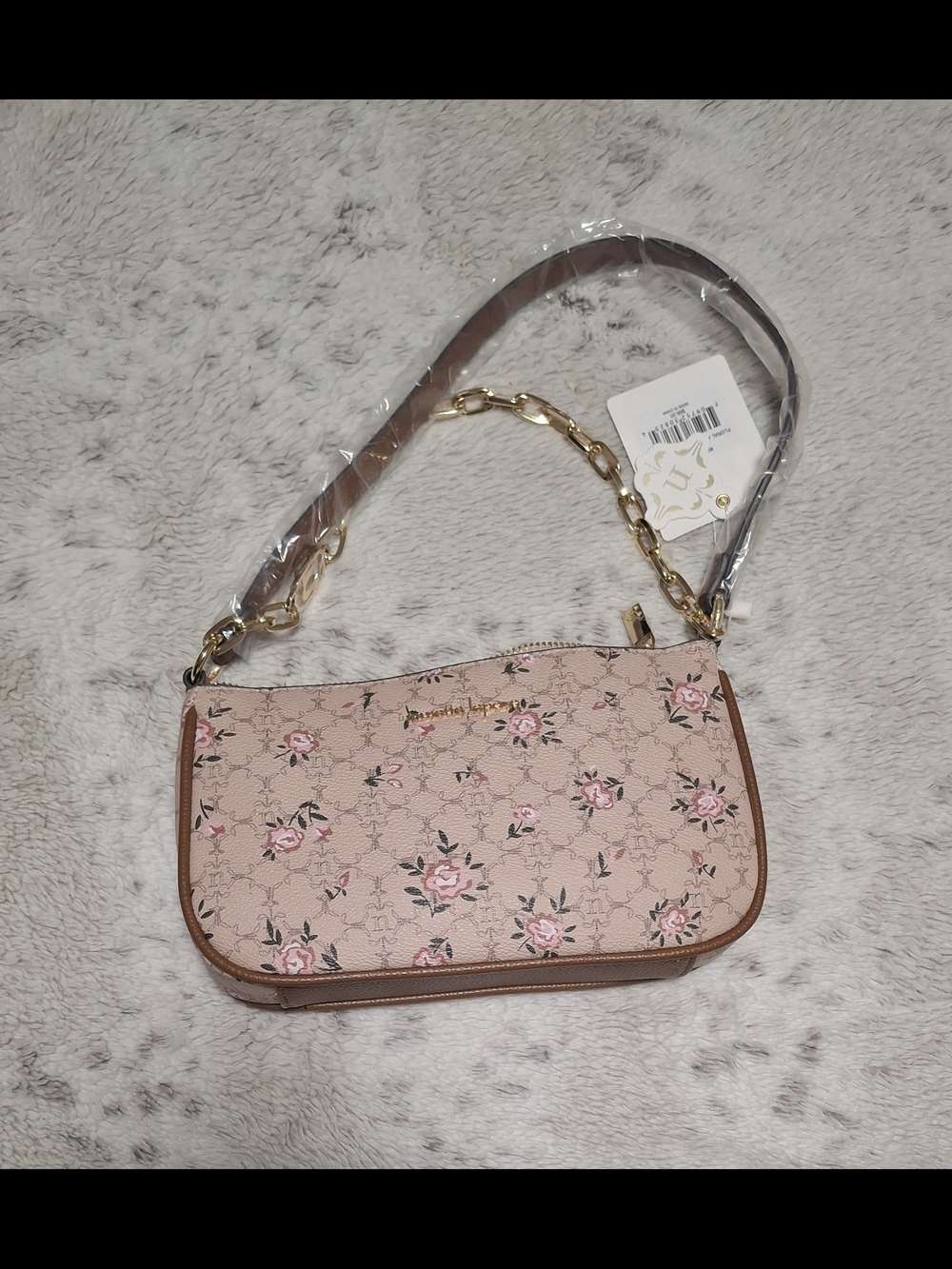 Tan Nanette Lepore Pink Floral Shoulder Bag with Gold Chain